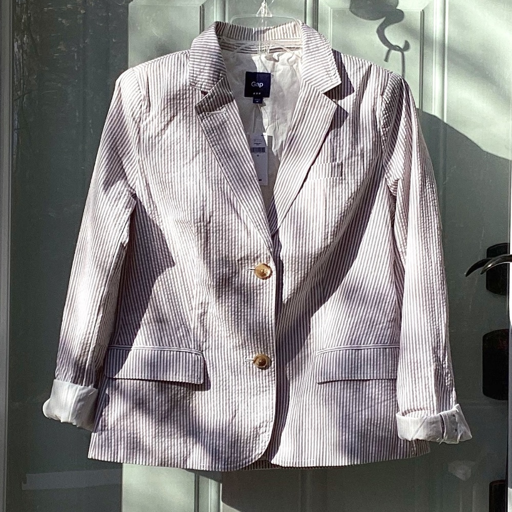 NWT! Striped cotton lightweight blazer, lined, pockets, gray taupe/white, sz 10